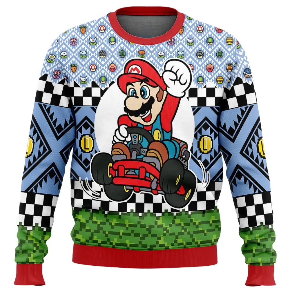 Super Mario Kart Ugly Christmas Sweater, Checkered Flag Racing Gaming Holiday Sweatshirt, Retro Nintendo Gamer Xmas Gift with M Emblem
