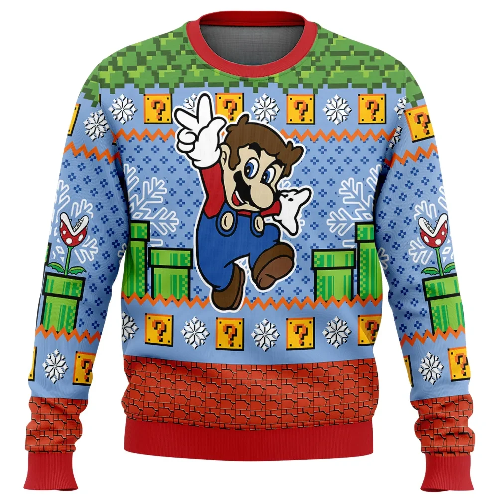 Super Mario Bros Ugly Christmas Sweater, Warp Pipe and Question Block Gaming Holiday Sweatshirt, Retro Nintendo Gamer Xmas Gift for Fans