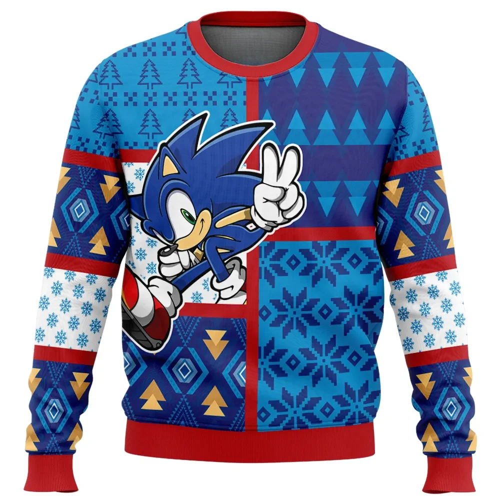 Sonic the Hedgehog Ugly Christmas Sweater, Sonic Holiday Sweater with Peace Sign, Gamer Xmas Gift, Unisex All Over Print Blue Patchwork Pullover