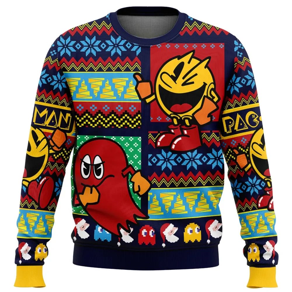 Christmas Pac-Man Ugly Christmas Sweater, Ghost Chase Retro Arcade Holiday Sweatshirt, 80s Gamer Xmas Gift for Classic Video Game Fans