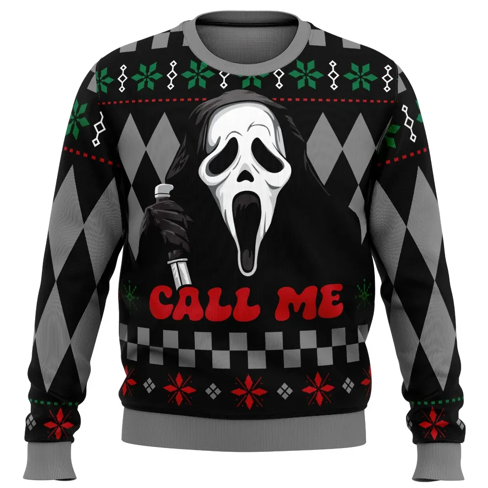 Call Me Ghostface Scream Ugly Christmas Sweater, Horror Movie Holiday Sweater, Black Harlequin Pullover, Spooky Xmas Gift for Scream Fans