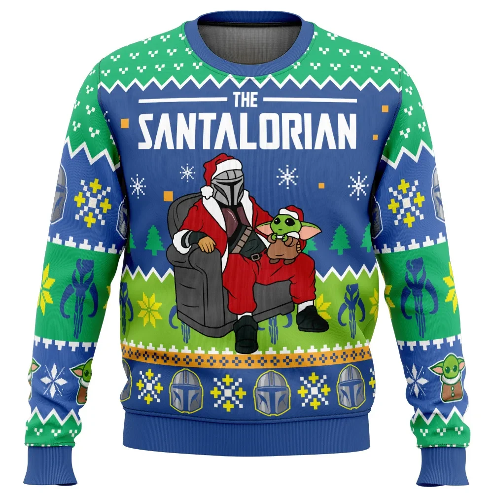 The Santalorian Star Wars Ugly Christmas Sweater, Mandalorian Grogu Santa Holiday Sweater, Baby Yoda in Santa Hat Pullover, Movie Xmas Gift