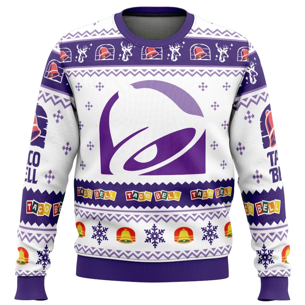 Taco Bell Ugly Christmas Sweater, Fast Food Holiday Sweater, Purple Bell Logo with Reindeer, Funny Xmas Gift for Taco Lovers, Unisex Sweatshirt
