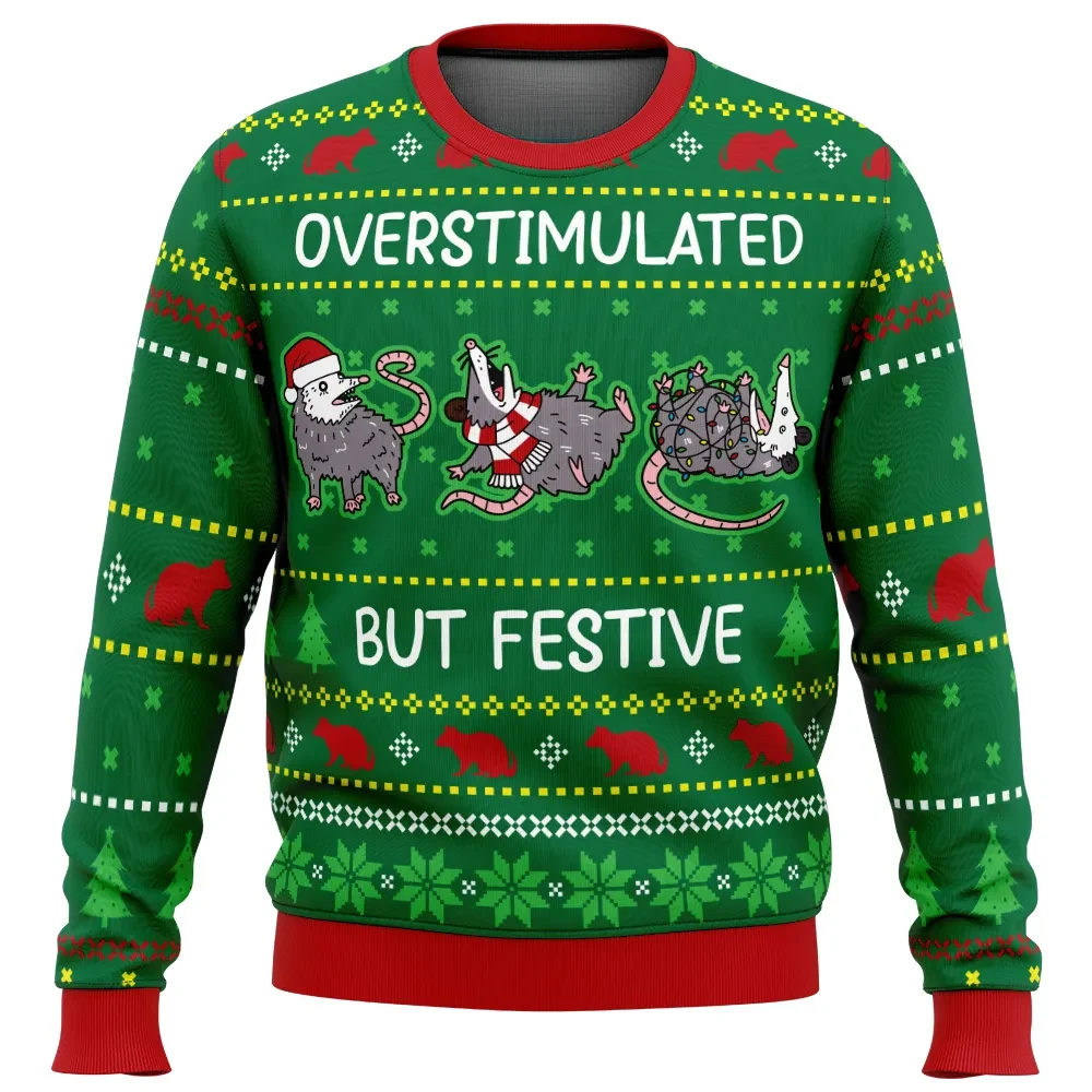 Overstimulated But Festive Possum Ugly Christmas Sweater, Funny Opossum Holiday Sweater, Possums in Christmas Lights Pullover, Meme Xmas Gift