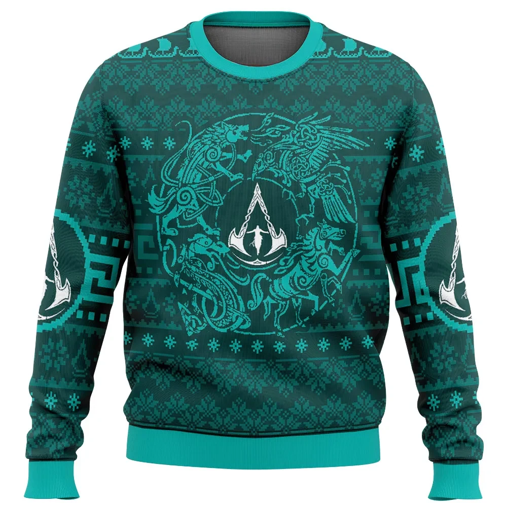 Christmas Assassin's Creed Valhalla Ugly Christmas Sweater, Norse Viking Knotwork Gamer Holiday Sweatshirt, Teal Xmas Gift for Players
