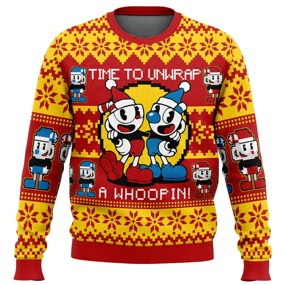Christmas Cuphead Ugly Christmas Sweater, Time to Unwrap a Whoopin, Mugman Santa Hat Gamer Holiday Sweatshirt, Retro Cartoon Xmas Gift