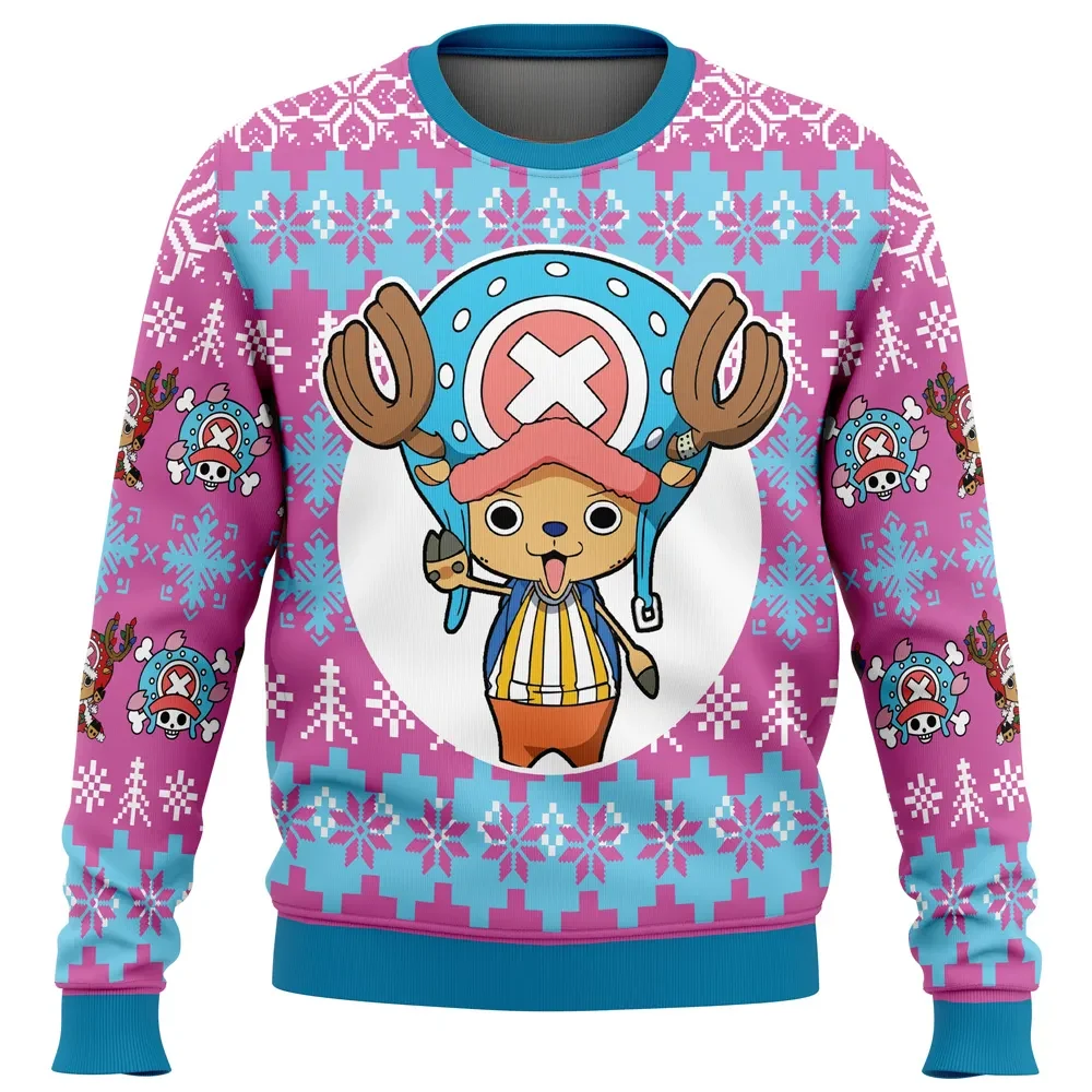 Christmas Tony Tony Chopper One Piece Ugly Christmas Sweater, Pink Reindeer Doctor Anime Holiday Sweatshirt, Jolly Roger Back, Xmas Gift