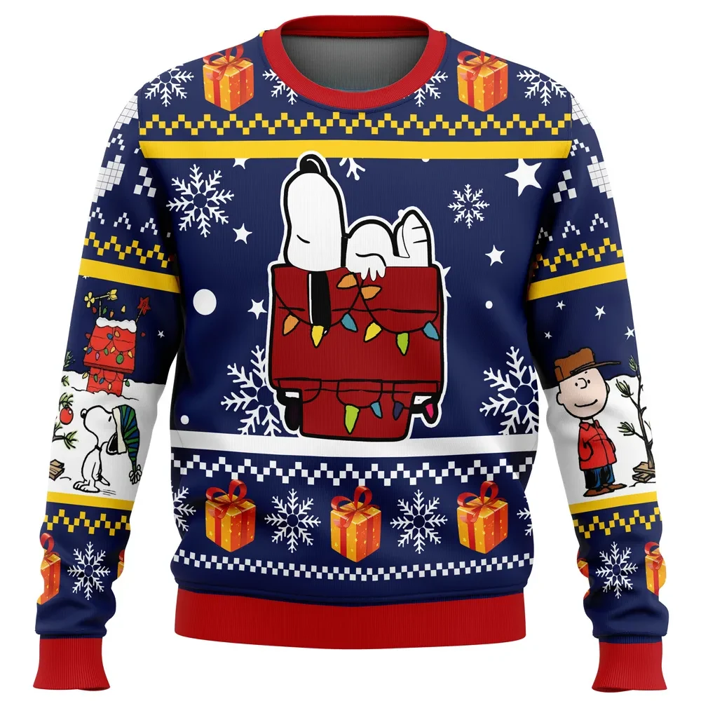 Snoopy Peanuts Ugly Christmas Sweater, Charlie Brown Holiday Sweater, Red Doghouse with Twinkle Lights Navy Pullover, Cartoon Xmas Gift