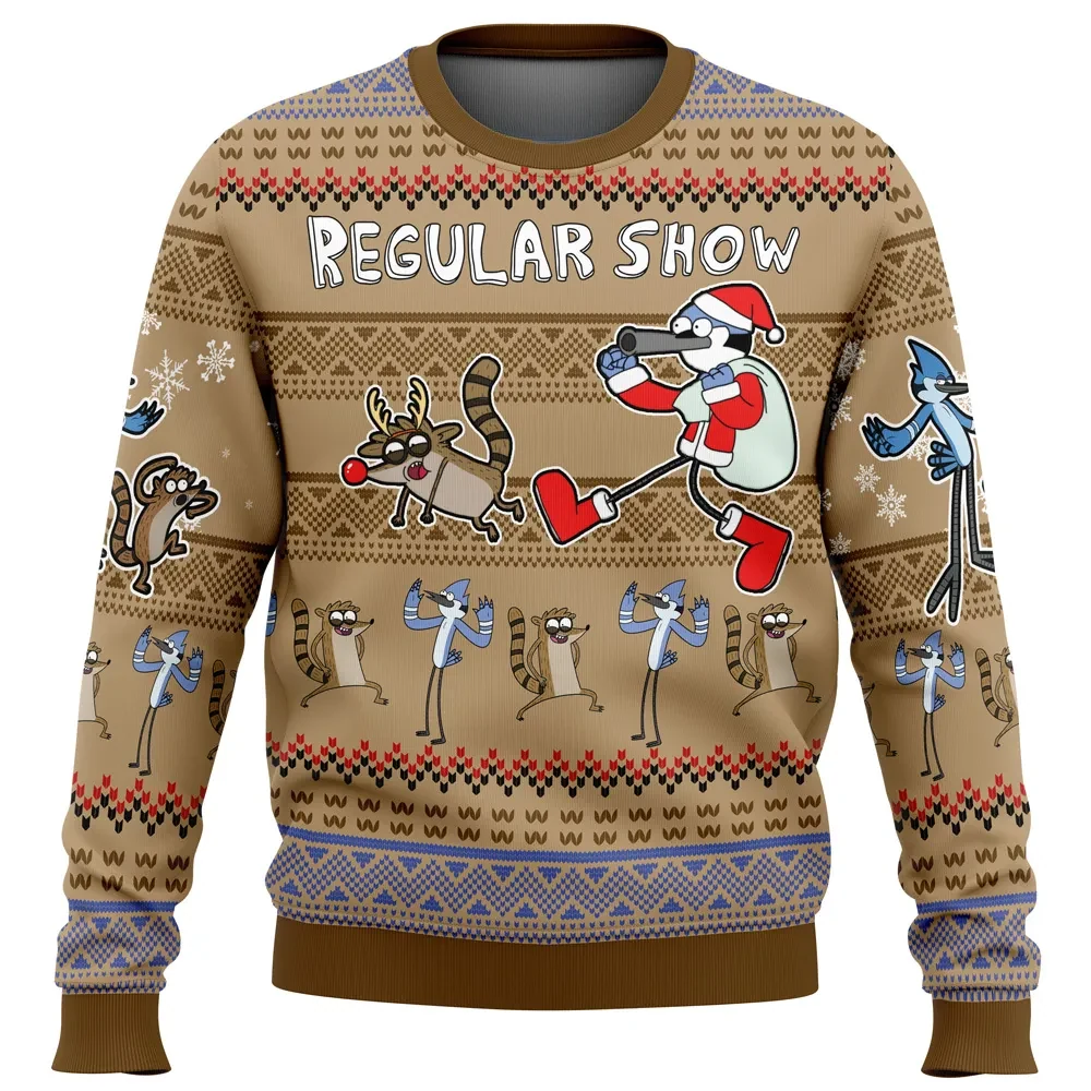 Christmas Rigby and Mordecai Regular Show Ugly Christmas Sweater, Santa and Reindeer Cartoon Holiday Sweater, Funny Animated Series Xmas Gift