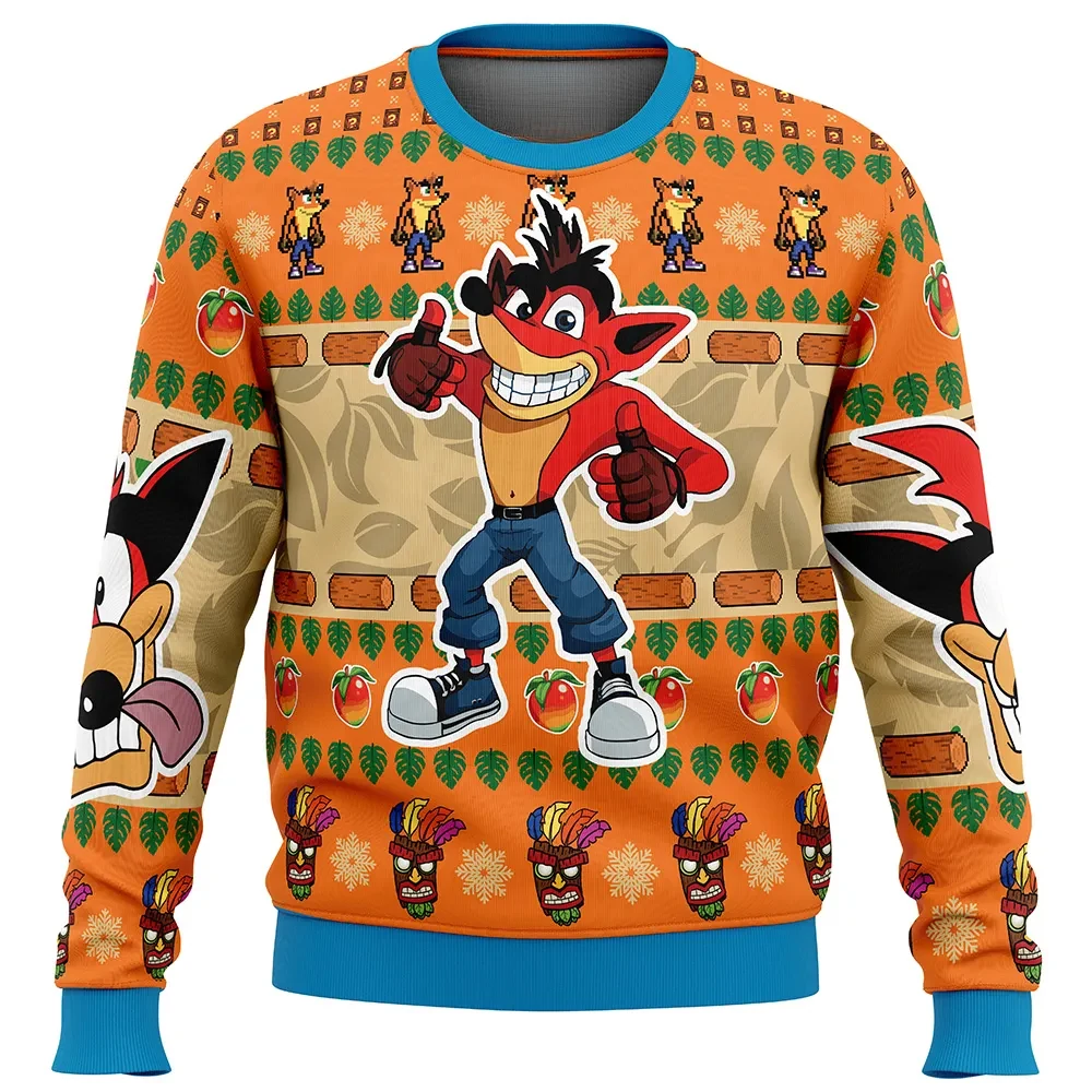 Crash Bandicoot Ugly Christmas Sweater, Wumpa Fruit and Aku Aku Gaming Holiday Sweatshirt, Retro Gamer Xmas Gift for PlayStation Fans