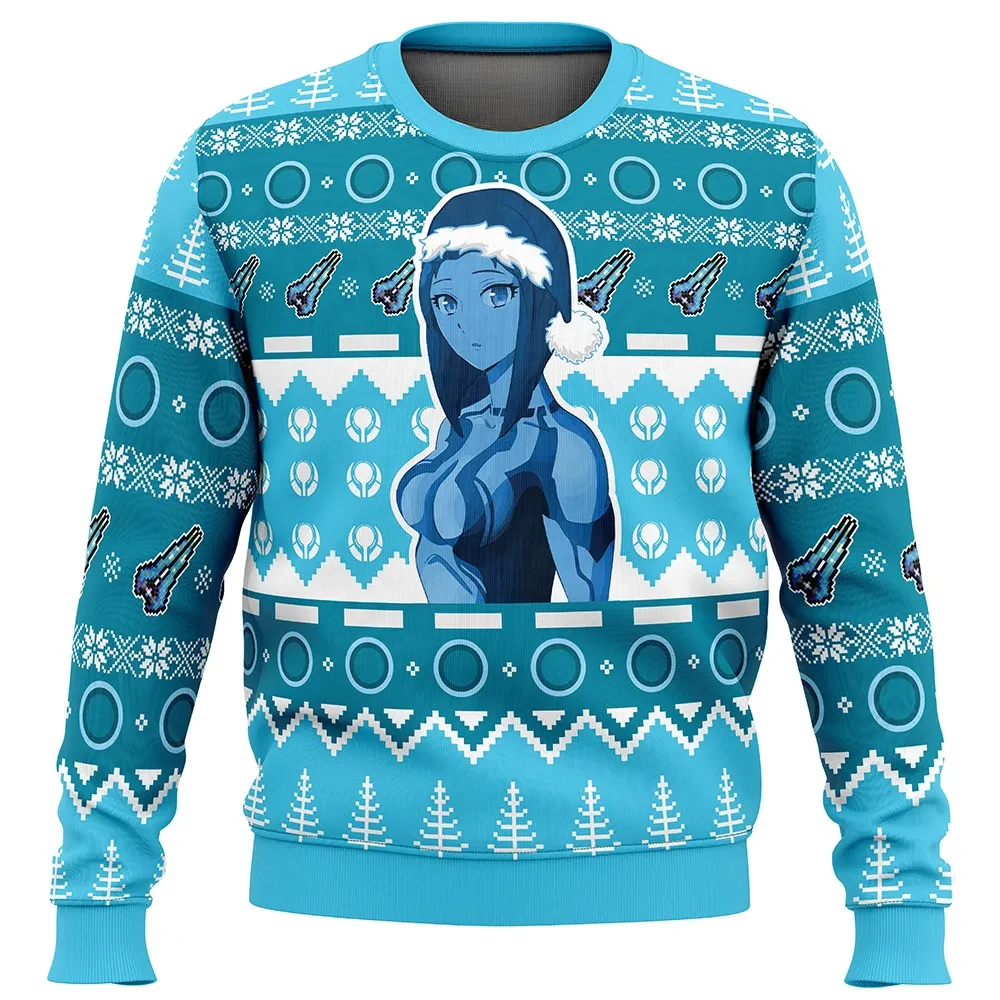 Cortana Halo Ugly Christmas Sweater, Halo Holiday Sweater, Blue AI Hologram in Santa Hat, Sci-Fi Gamer Xmas Gift for Video Game Fans