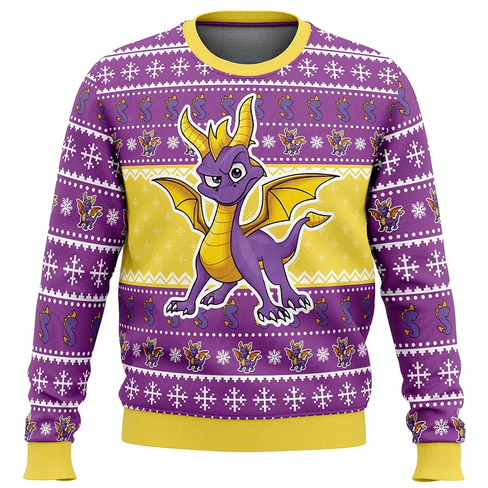 Spyro The Dragon Ugly Christmas Sweater, Retro Gamer Holiday Sweater, Purple and Gold Unisex Sweatshirt, Gaming Xmas Gift for 90s Platformer Fans