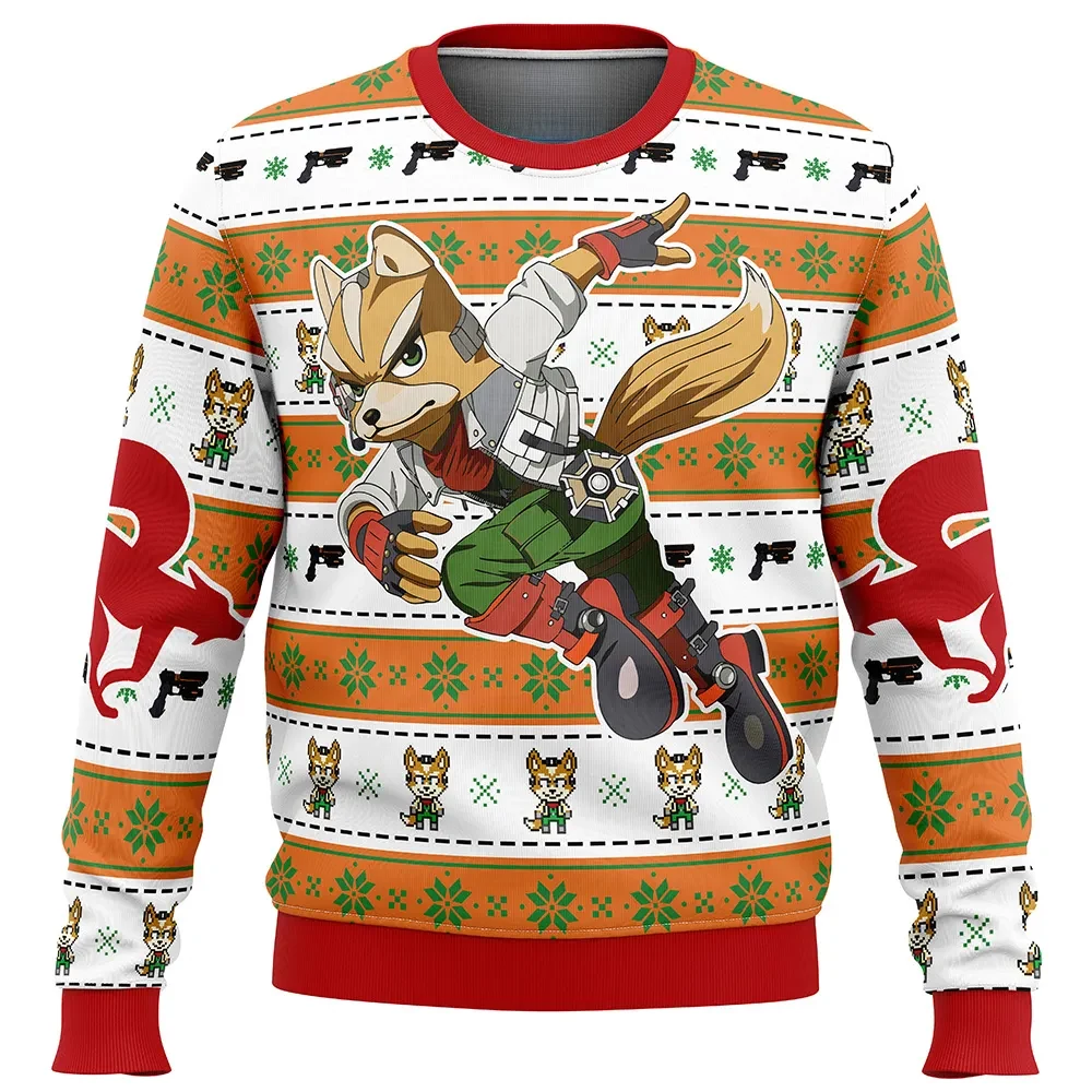 Fox McCloud Star Fox Ugly Christmas Sweater, Nintendo Space Pilot Holiday Sweatshirt, Orange and Green Gamer Xmas Gift for Retro Fans