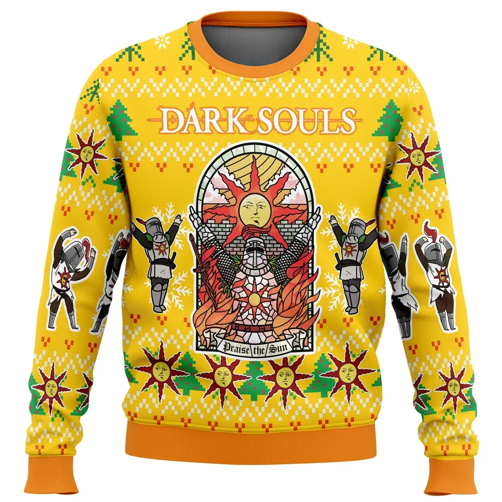 Praise The Sun Dark Souls Ugly Christmas Sweater, Solaire Gamer Holiday Sweater, Sunbro Stained Glass Pullover, Video Game Xmas Gift