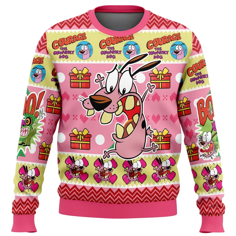 Courage The Cowardly Dog Ugly Christmas Sweater, Cartoon Network Holiday Sweater, Screaming Pink Dog Pullover, Funny Cartoon Xmas Gift for Fans