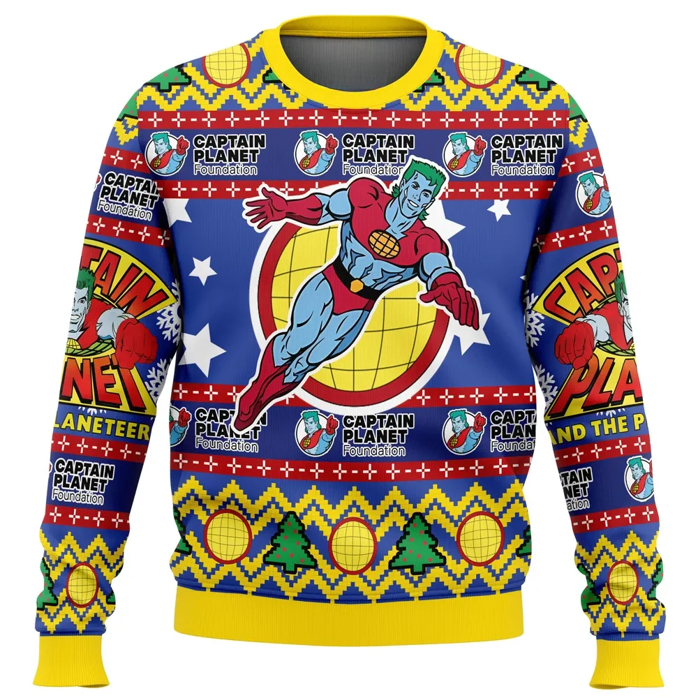 Captain Planet and the Planeteers Ugly Christmas Sweater, Flying Superhero Retro Cartoon Holiday Sweater, 90s Kids Nostalgia Xmas Gift