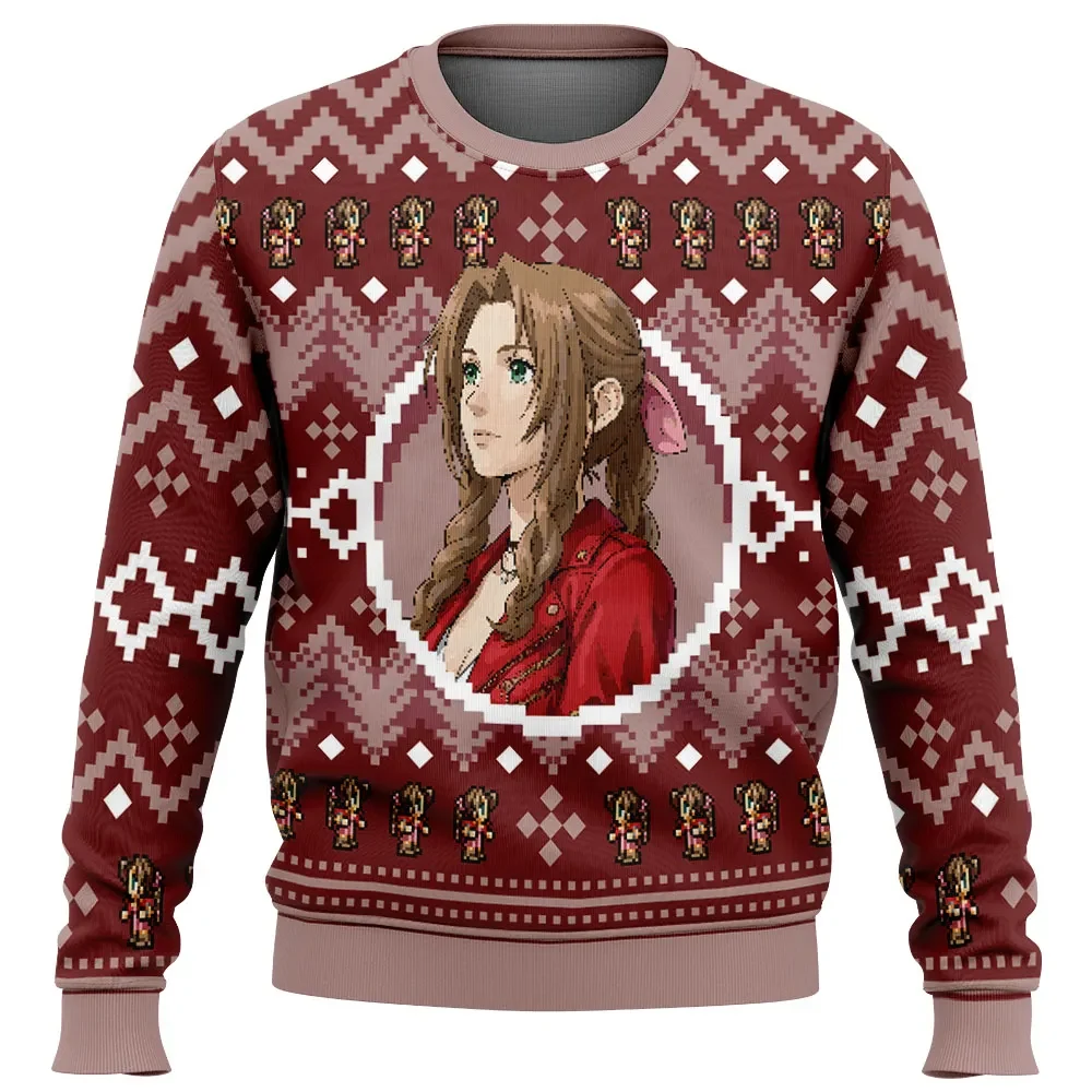 Christmas Aerith Final Fantasy VII Ugly Christmas Sweater, Aerith Gainsborough FF7 Gamer Holiday Sweater, JRPG Video Game Xmas Gift for Fans