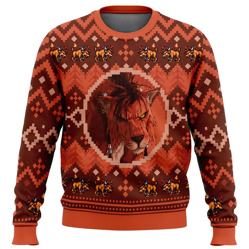 Christmas Red XIII Final Fantasy VII Ugly Christmas Sweater, FF7 Nanaki Holiday Sweatshirt, Burnt Orange Gamer Xmas Gift for JRPG Fans