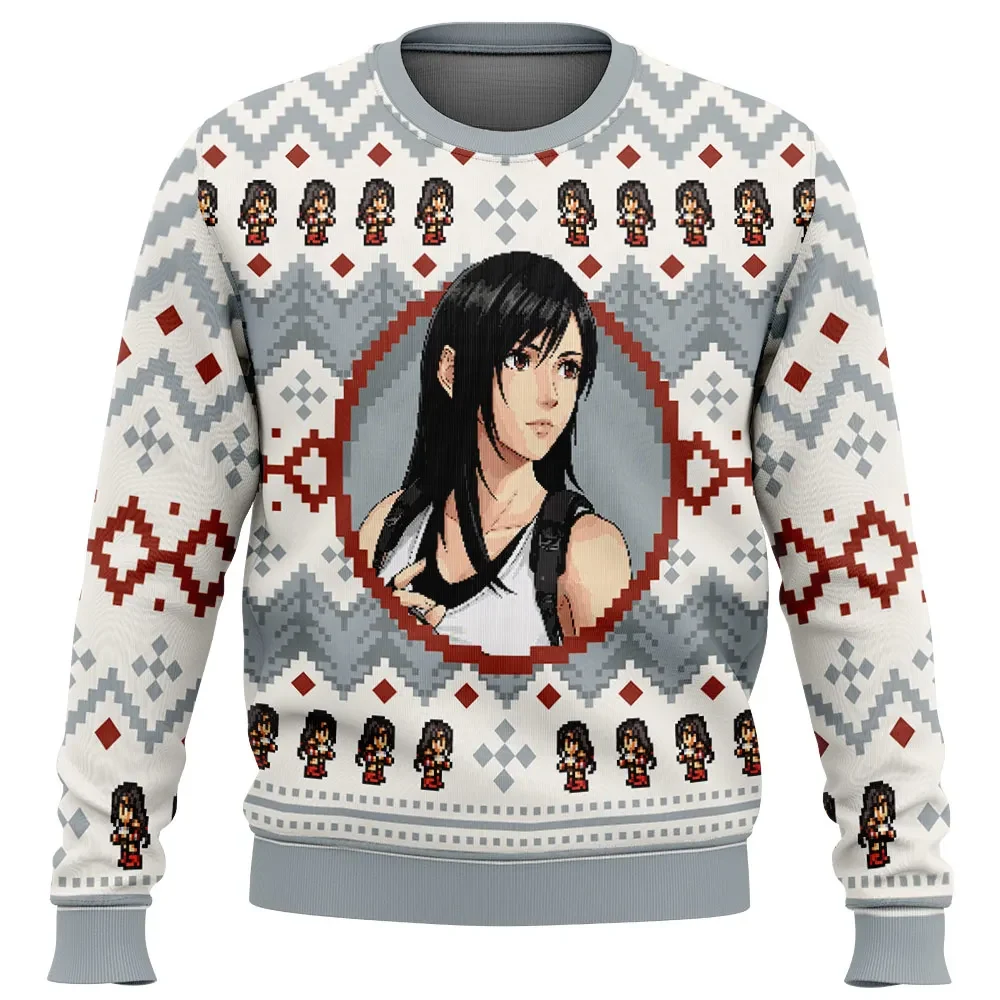 Tifa Lockhart Final Fantasy VII Ugly Christmas Sweater, Final Fantasy 7 Holiday Sweater, Cream Nordic Pullover, Gamer Xmas Gift for JRPG Fans