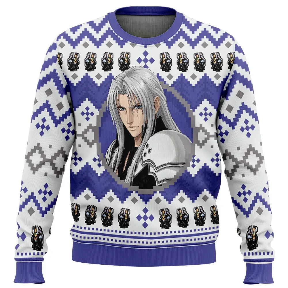 Sephiroth Final Fantasy VII Ugly Christmas Sweater, Final Fantasy 7 Holiday Sweater, Purple Nordic Sprite Pullover, Gamer Xmas Gift for RPG Fans