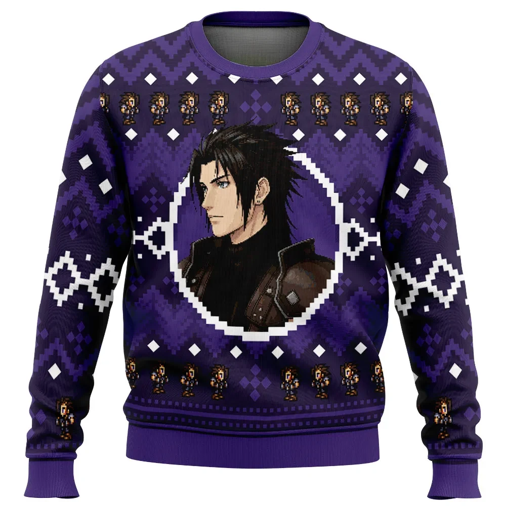 Christmas Zack Fair Final Fantasy VII Ugly Christmas Sweater, FF7 Crisis Core Purple Holiday Sweatshirt, Gamer Xmas Gift for JRPG Fans