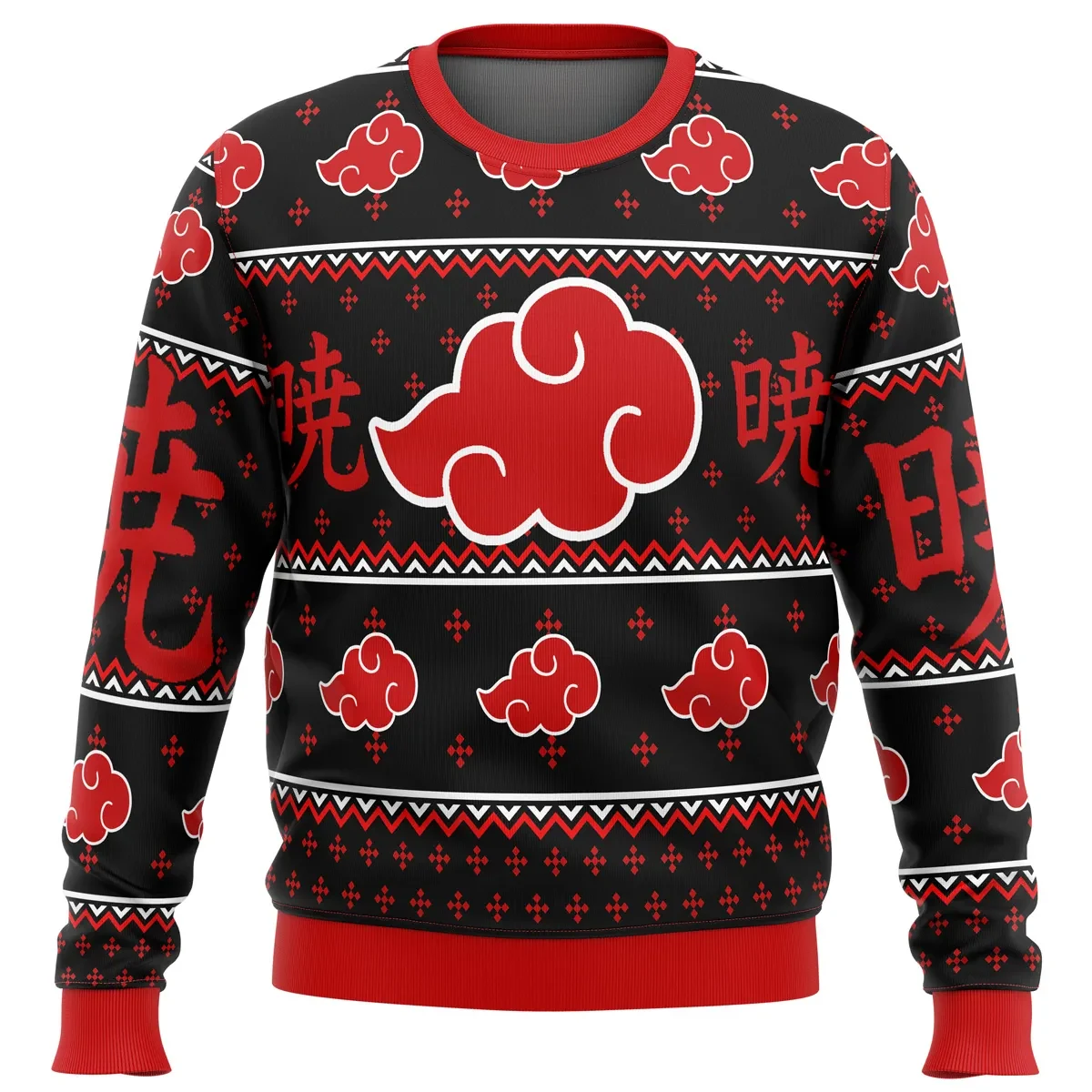 Akatsuki Ugly Christmas Sweater, Naruto Shippuden Red Cloud Holiday Sweater, Black Kanji Unisex All Over Print Pullover, Anime Xmas Gift