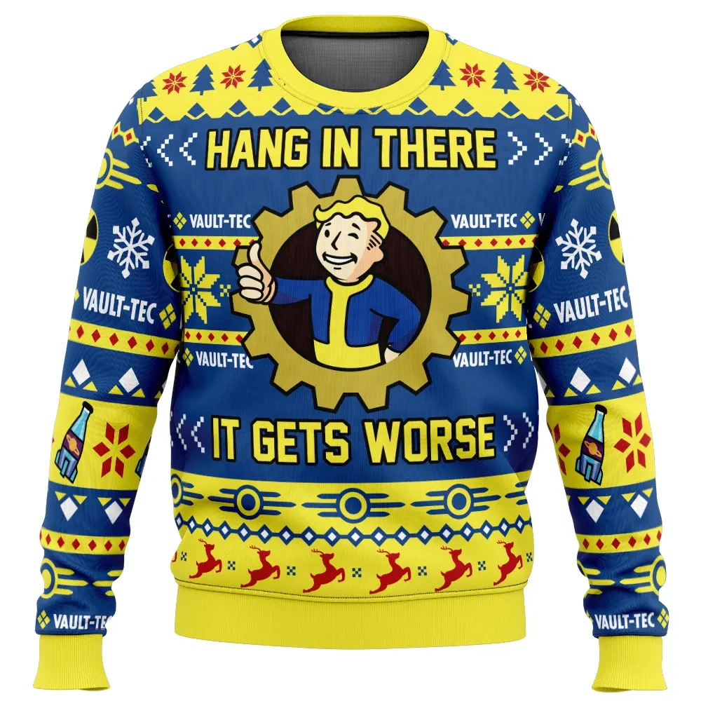 Hang In There It Gets Worse Fallout Ugly Christmas Sweater, Vault Boy Thumbs Up Vault-Tec Holiday Sweatshirt, Unisex Gamer Xmas Gift