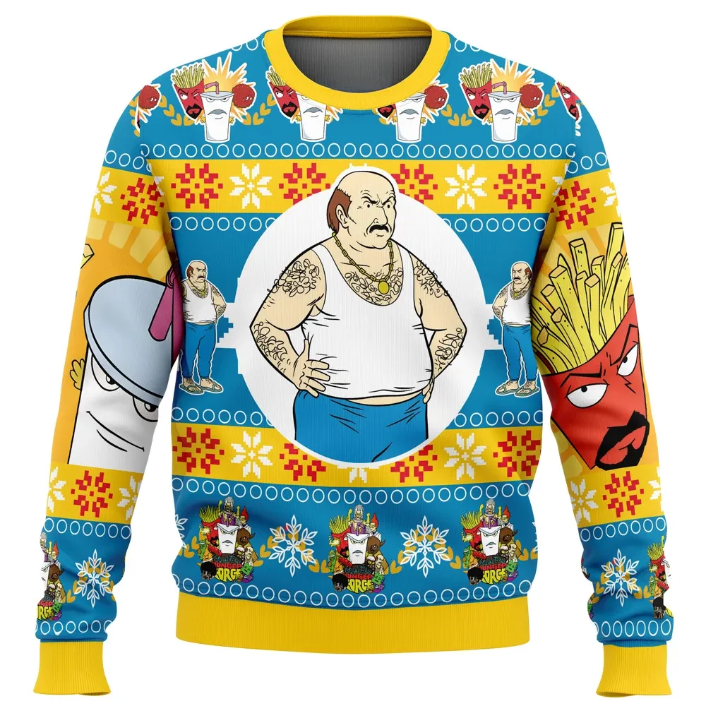 Aqua Teen Hunger Force Ugly Christmas Sweater, Adult Swim Cartoon Holiday Sweater, Carl Master Shake Frylock Meatwad Pullover, TV Show Xmas Gift