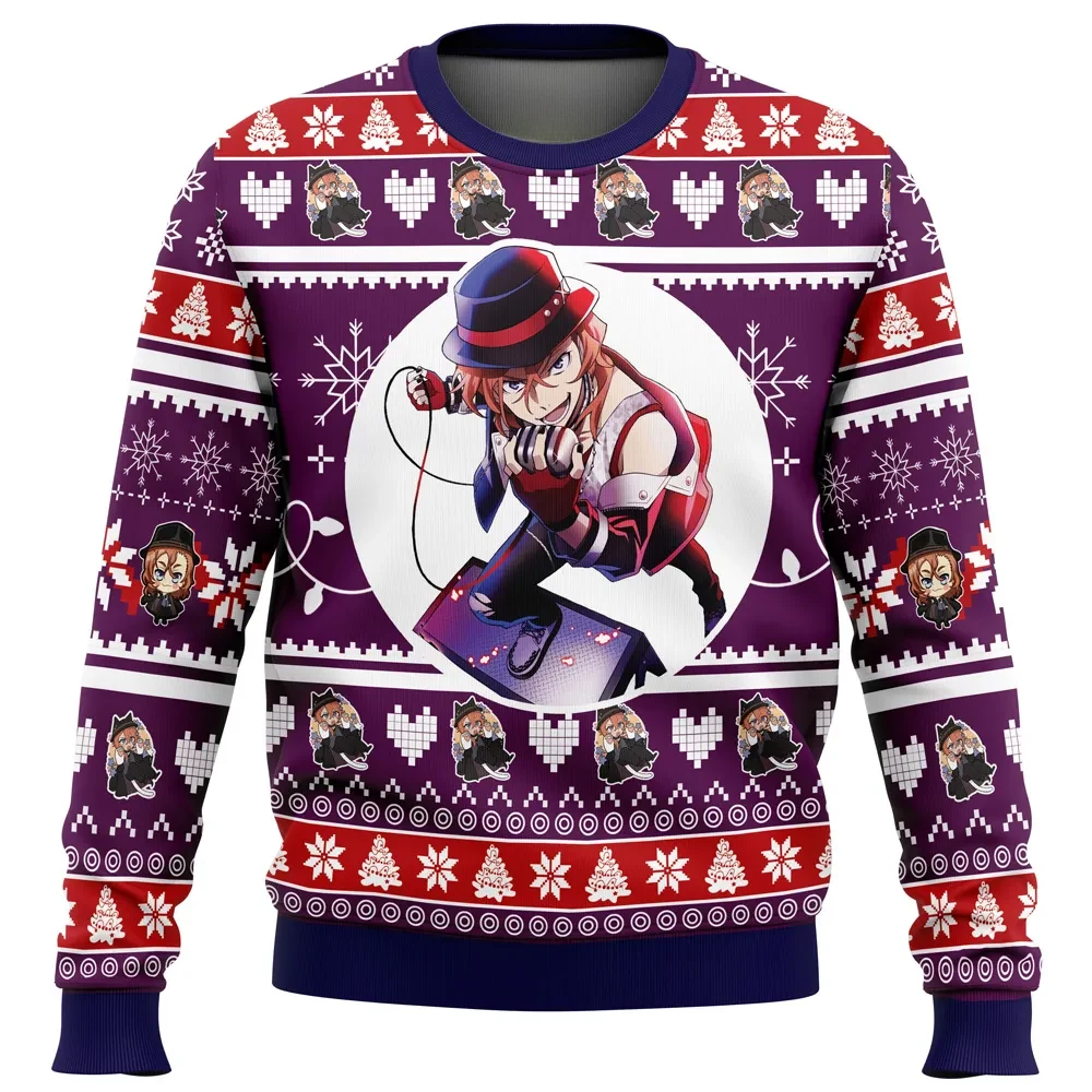 Christmas Chuuya Nakahara Bungou Stray Dogs Ugly Christmas Sweater, BSD Purple Anime Holiday Sweatshirt, Unisex Xmas Gift for Manga Fans