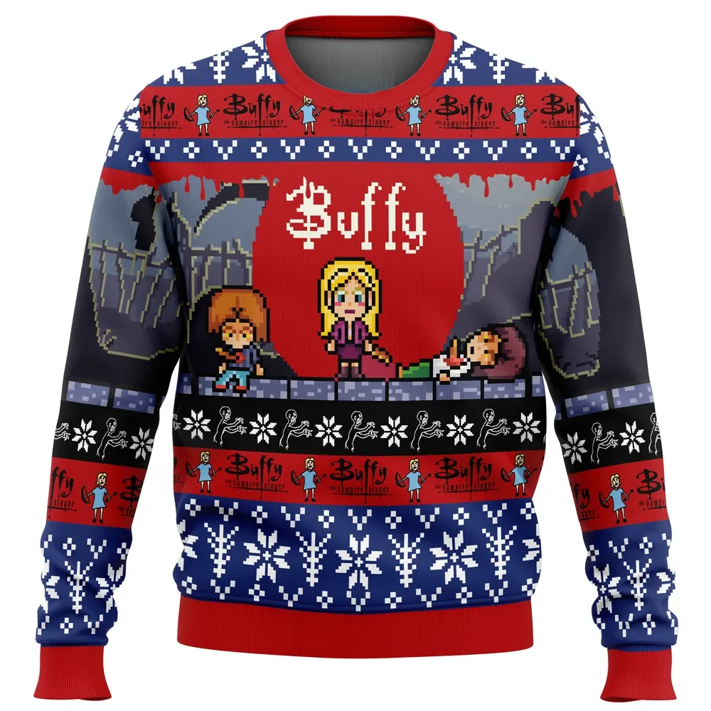 Buffy The Vampire Slayer Ugly Christmas Sweater, Buffy TV Show Holiday Sweater, Pixel Art Graveyard Scene Pullover, 90s Xmas Gift for TV Fans