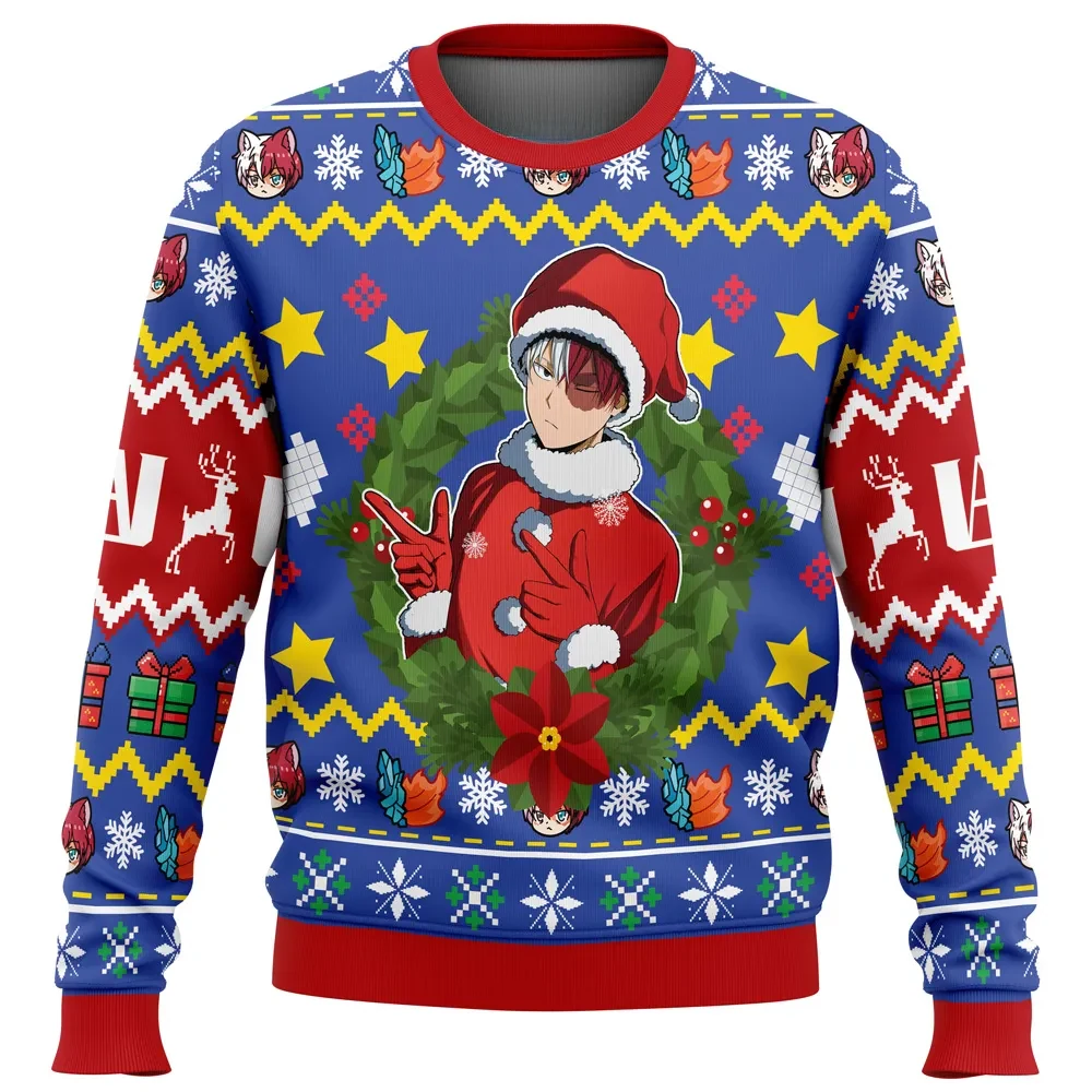 Christmas Shoto Todoroki My Hero Academia Ugly Christmas Sweater, Santa Hat Wreath MHA Anime Holiday Sweatshirt, Xmas Gift for UA Fans
