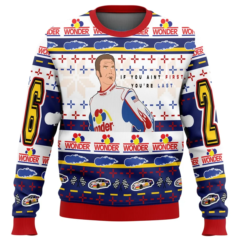 If You Ain't First You're Last Ricky Bobby Talladega Nights Ugly Christmas Sweater, Funny Movie Holiday Sweater, All Over Print Xmas Sweater