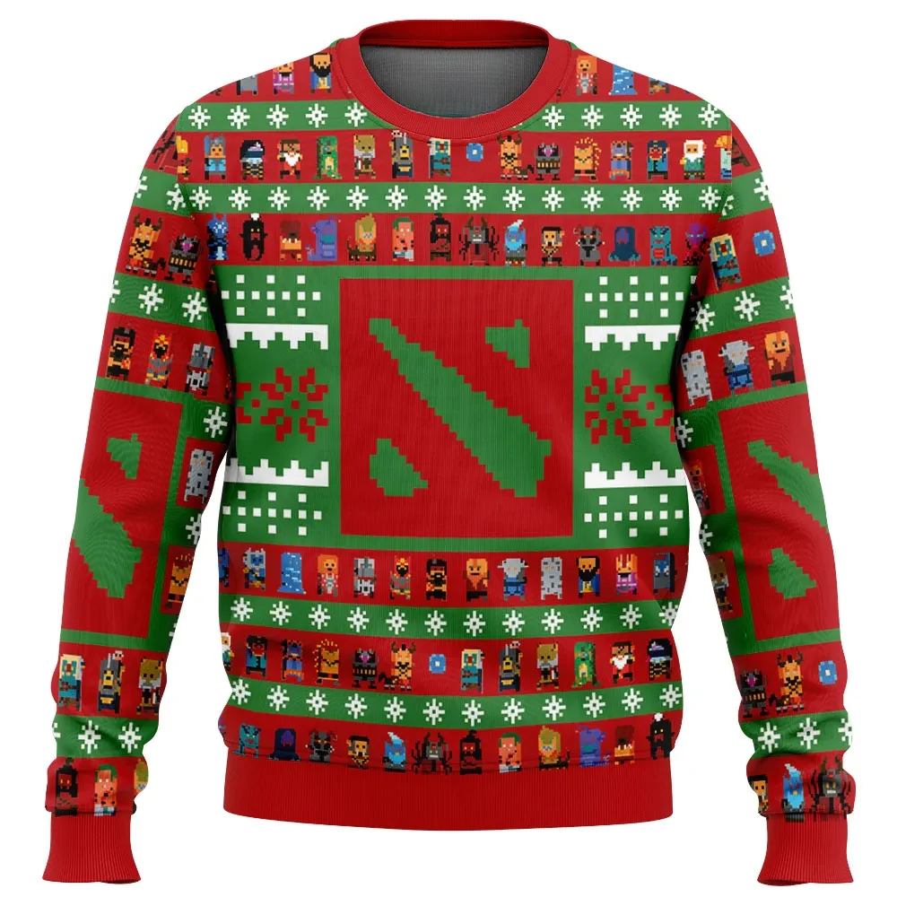 Christmas Dota 2 Ugly Christmas Sweater, Pixel Heroes Red and Green Holiday Sweatshirt, MOBA Gamer Xmas Gift for Esports Fans and Players