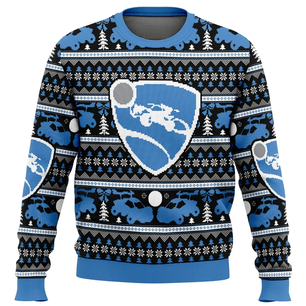 Christmas Rocket League Ugly Christmas Sweater, Shield Logo Holiday Sweatshirt, Blue Car Soccer Gamer Xmas Gift for Esports Fans and Players