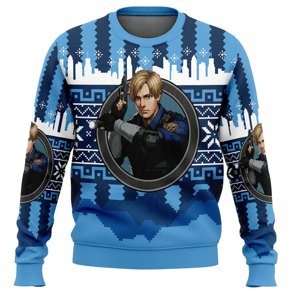 Christmas Leon Kennedy Resident Evil Ugly Christmas Sweater, Survival Horror Holiday Sweatshirt, Blue Fair Isle Gamer Xmas Gift for RE Fans