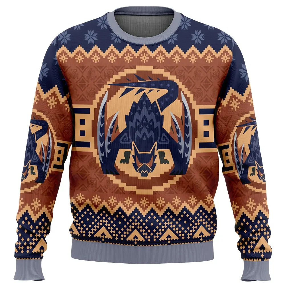 Christmas Nargacuga Monster Hunter Ugly Christmas Sweater, Wyvern Emblem Holiday Sweatshirt, Rust and Navy Gamer Xmas Gift for Hunters