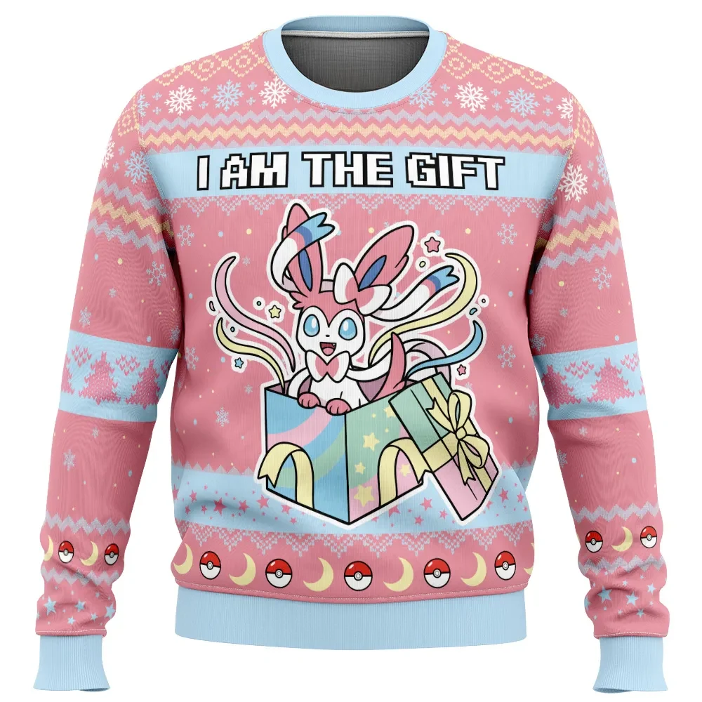 Sylveon I Am The Gift Pokemon Ugly Christmas Sweater, Cute Pokemon Holiday Sweater, Pastel Present Box Pullover, Anime Xmas Gift for Eevee Fans