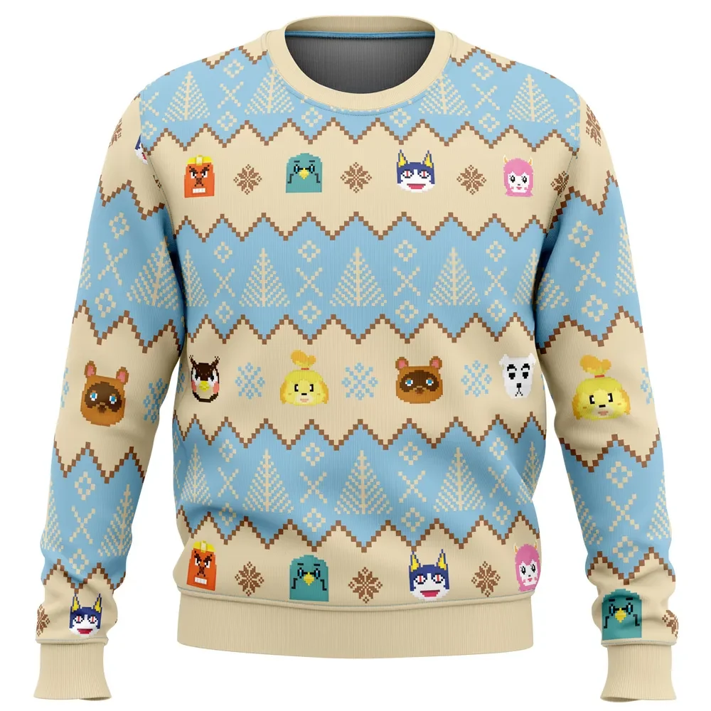 Christmas Animal Crossing Ugly Christmas Sweater, Villagers Pixel Faces Holiday Sweatshirt, Cozy Gamer Xmas Gift with Tom Nook and Isabelle
