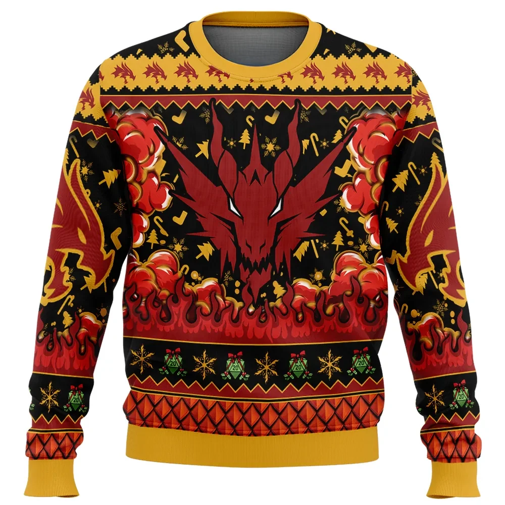 Christmas Dungeons and Dragons Ugly Christmas Sweater, DnD Red Dragon and D20 Holiday Sweatshirt, Tabletop Gamer Xmas Gift for Players