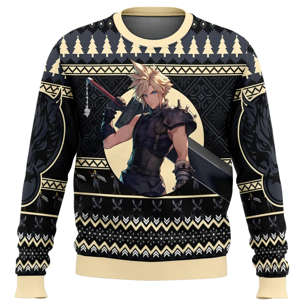 Christmas Cloud Strife Final Fantasy VII Ugly Christmas Sweater, FF7 Holiday Sweatshirt, Black and Cream Gamer Xmas Gift for JRPG Fans