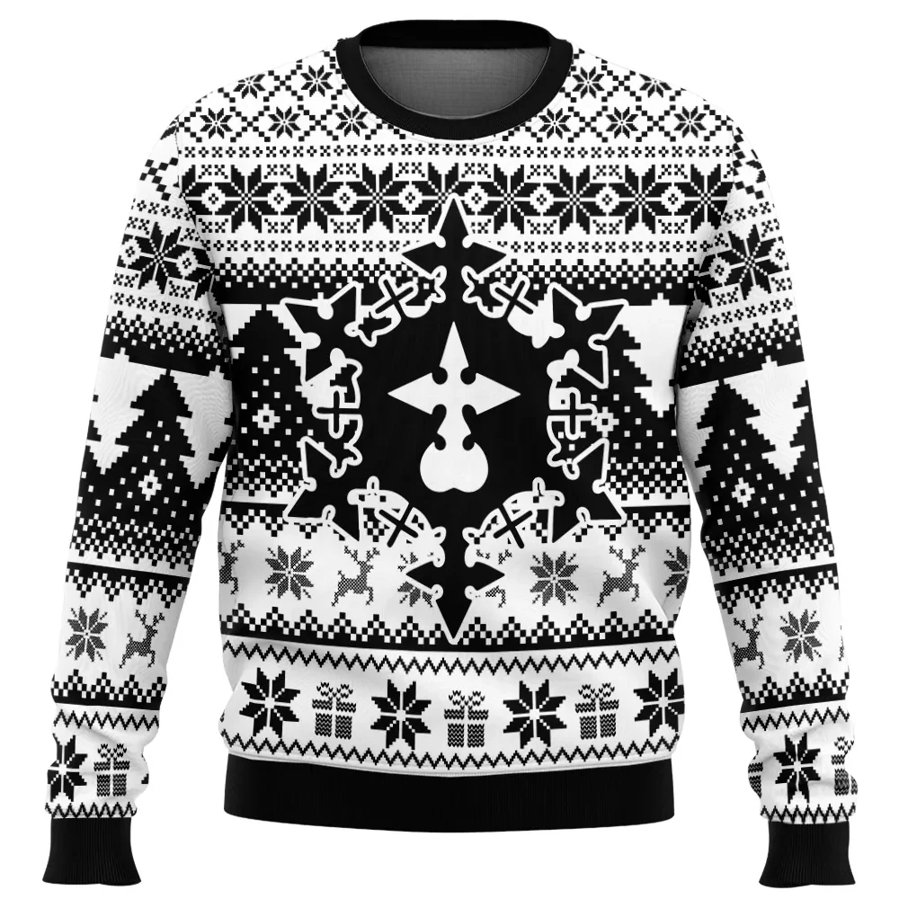 Christmas Xemnas Kingdom Hearts Ugly Christmas Sweater, Organization XIII Nobody Emblem Holiday Sweatshirt, Black and White Gamer Xmas Gift