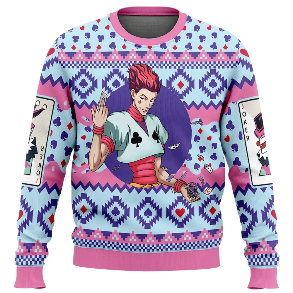 Christmas Hisoka Morow Hunter x Hunter Ugly Christmas Sweater, Joker Card Magician Anime Holiday Sweatshirt, Pastel Xmas Gift for HxH Fans