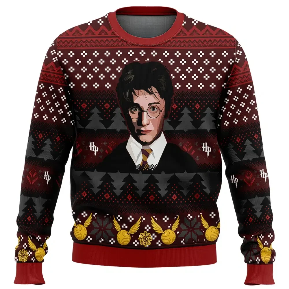 Christmas HP Harry Potter Ugly Christmas Sweater, Wizard Holiday Sweatshirt with Golden Snitch Border, Movie Xmas Gift for Potterheads