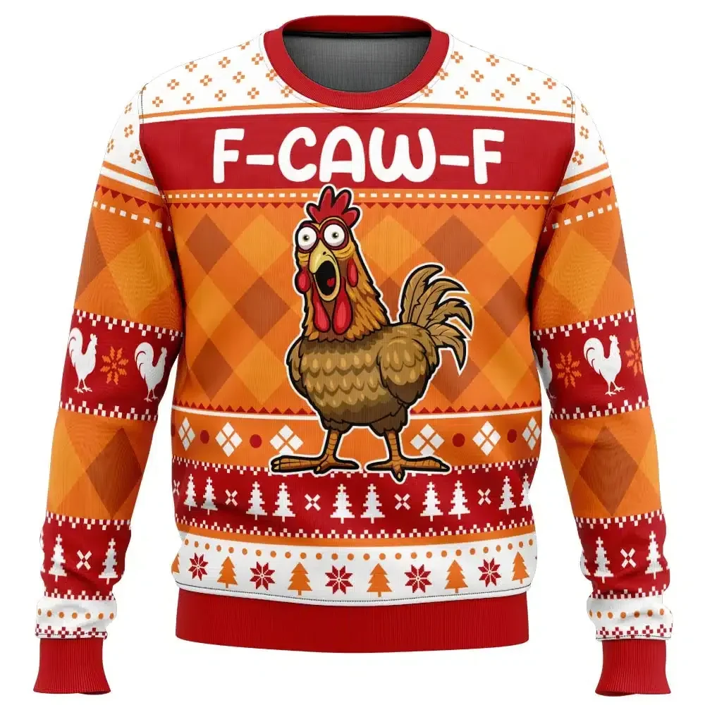 F-Caw-F Ugly Christmas Sweater, Funny Chicken Rooster Pun Holiday Sweatshirt, Farm Xmas Gift for Poultry Lovers and Backyard Homesteaders