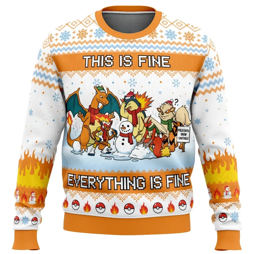 Fire Type This Is Fine Pokemon Ugly Christmas Sweater, Charizard and Melting Snowman Meme Gamer Holiday Sweatshirt, Funny Xmas Gift