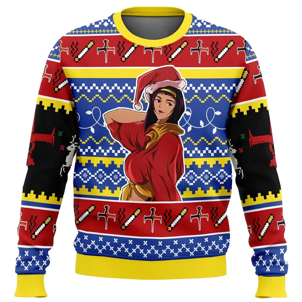 Faye Valentine Cowboy Bebop Ugly Christmas Sweater, Santa Hat Anime Holiday Sweatshirt, Retro Space Western Xmas Gift for Bounty Hunter Fans