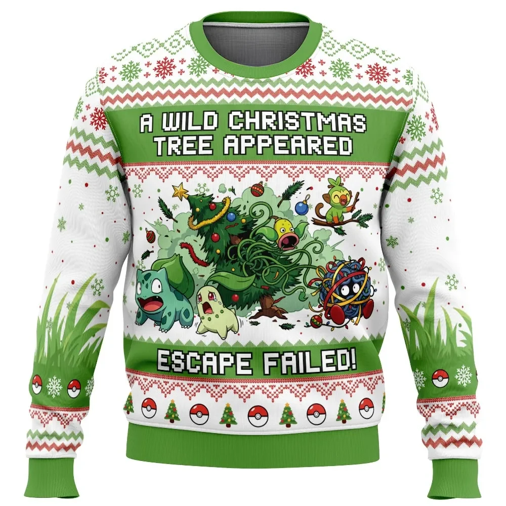 A Wild Christmas Tree Appeared Escape Failed Pokemon Ugly Christmas Sweater, Grass Type Pokemon Holiday Sweater, Anime Xmas Jumper