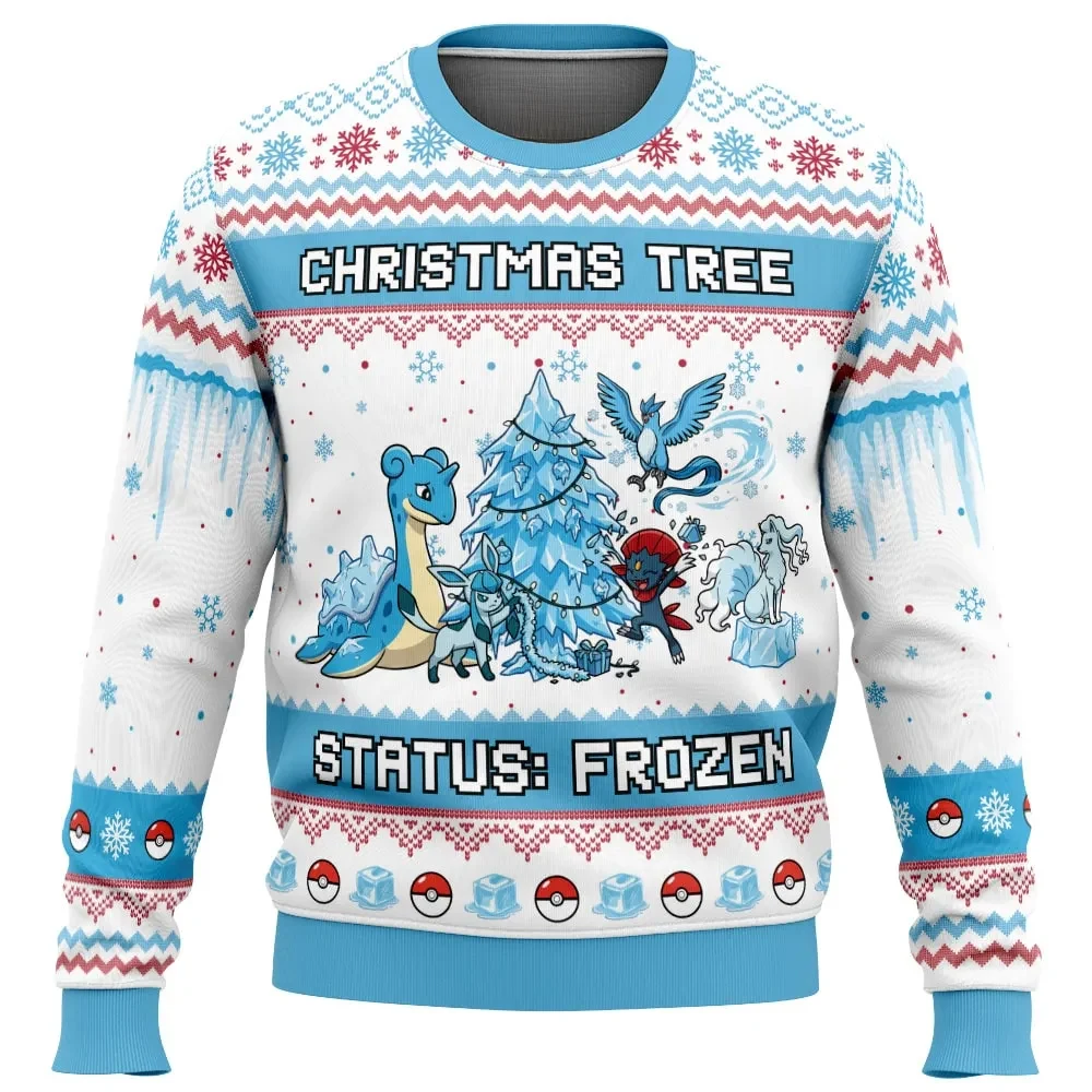Ice Type Christmas Tree Status Frozen Pokemon Ugly Christmas Sweater, Pokemon Gamer Holiday Sweater, Unisex All Over Print Xmas Sweater