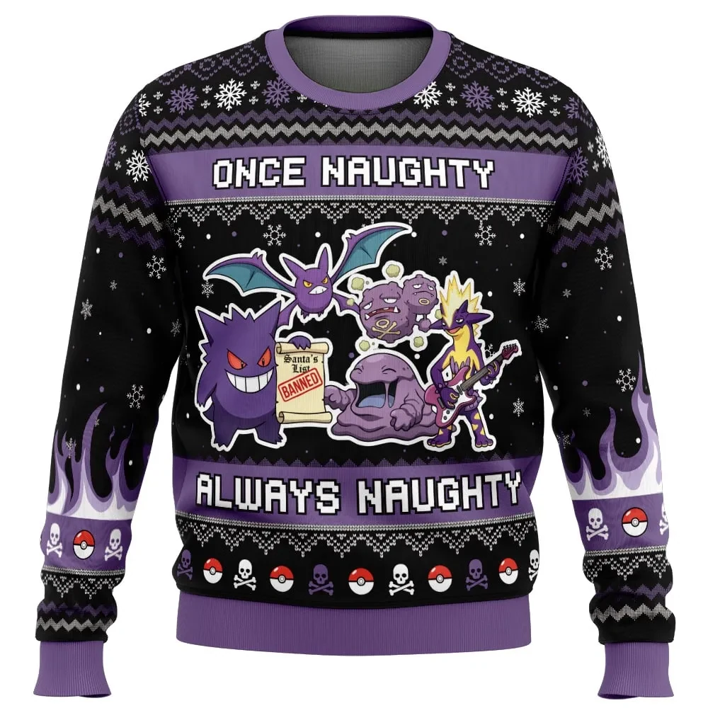 Poison Type Once Naughty Always Naughty Pokemon Ugly Christmas Sweater, Gengar Pokemon Gamer Holiday Sweater, All Over Print Xmas Sweater