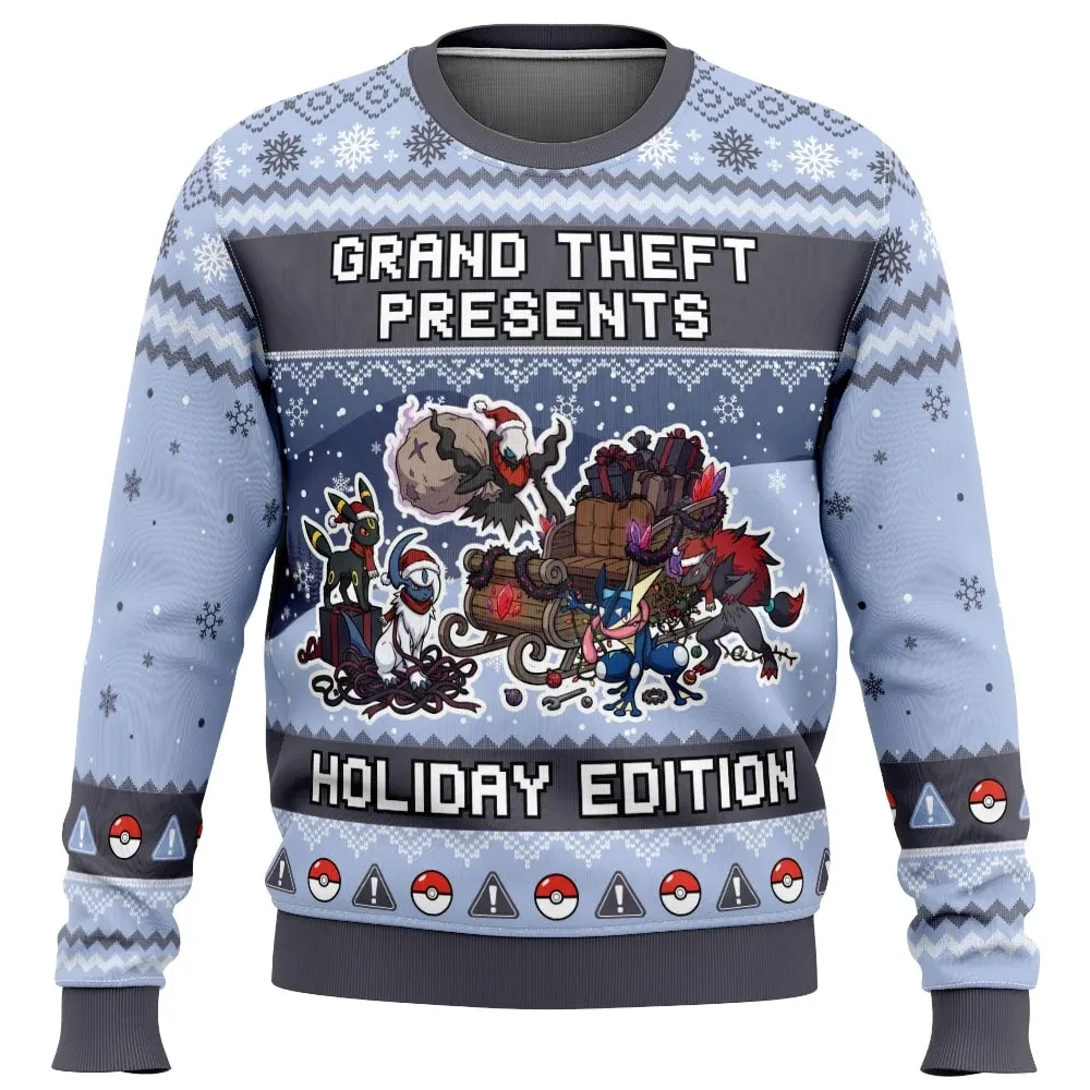 Dark Type Grand Theft Presents Pokemon Ugly Christmas Sweater, Umbreon and Darkrai Gamer Holiday Sweatshirt, Funny Xmas Gift for Trainers